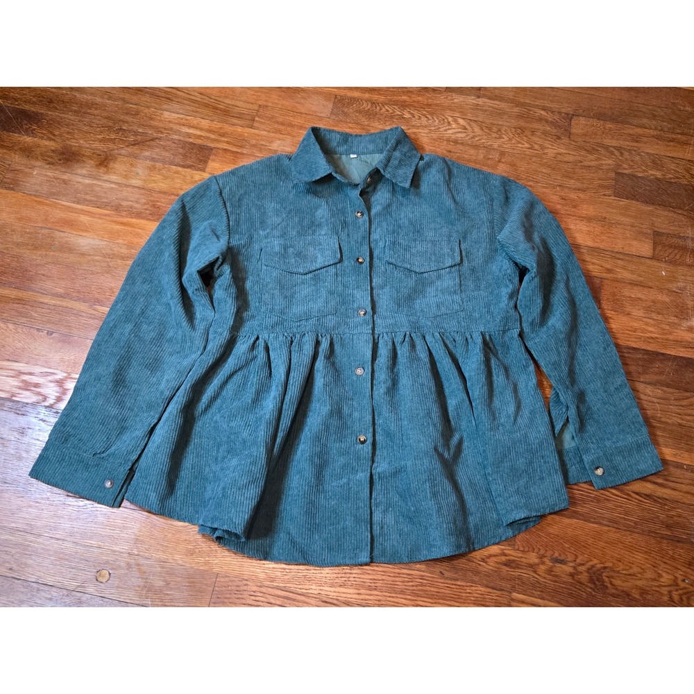 Green Corduroy Babydoll Button Down Shirt Cottagecore Boho Y2K Teal Medium